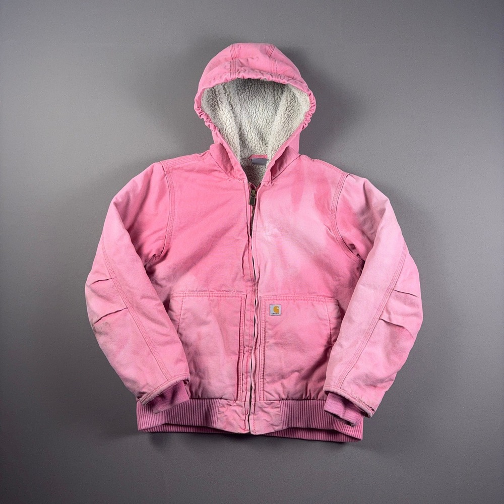 Carhartt Pink Canvas Sherpa Lined Active Jacket Girls Medium Distressed Workwear